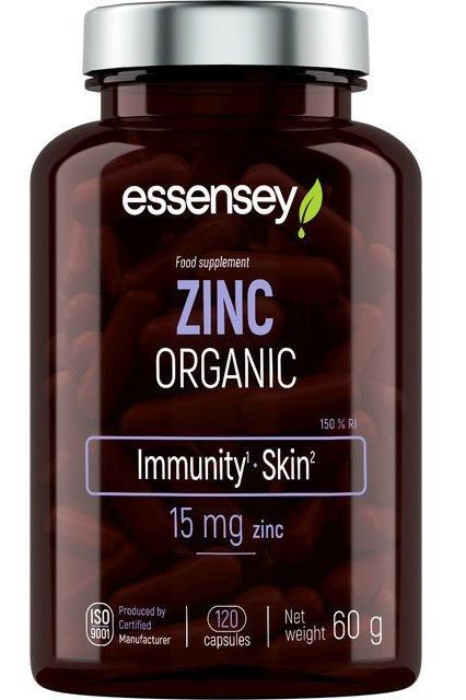 Essensey Zinc organic supplement in a 120-capsule bottle, promoting immunity and skin health with 15 mg of zinc per serving.