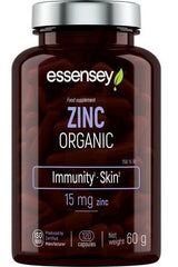 Essensey Zinc organic supplement in a 120-capsule bottle, promoting immunity and skin health with 15 mg of zinc per serving.