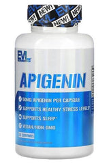 EVLution Nutrition Apigenin supplement bottle, 50mg per capsule, supports sleep and healthy stress levels, vegan, non-GMO.