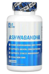 EVLution Nutrition Ashwagandha supplement bottle, promoting mental concentration and stress management.