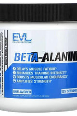 EVLution Nutrition Beta-Alanine supplement jar, boosts strength, enhances training intensity, unflavored, 125 servings.
