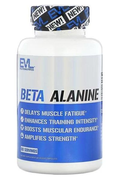 EVLution Nutrition Beta-Alanine supplement bottle, 60 servings, boosts endurance and delays muscle fatigue.