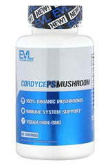 EVLution Nutrition Cordyceps Mushroom supplement bottle with vegan and non-GMO labels, 100% organic mushrooms.