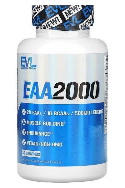 EVLution Nutrition EAA 2000 supplement bottle for muscle building and endurance, vegan and non-GMO, 30 servings.
