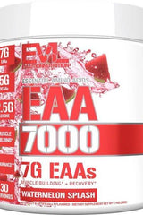 EVLution Nutrition EAA 7000 supplement tub, 7g essential amino acids, muscle building and recovery, Watermelon Splash flavor.