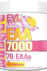 EVLution Nutrition EAA 7000 powder container, featuring 7g EAAs for muscle building and recovery, pink lemonade flavor.