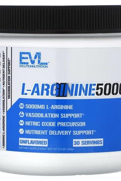 EVLution Nutrition L-Arginine 5000, 150g, unflavored, supports vasodilation and nutrient delivery.
