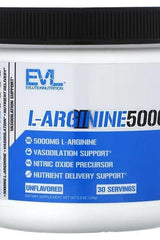 EVLution Nutrition L-Arginine 5000, 150g, unflavored, supports vasodilation and nutrient delivery.