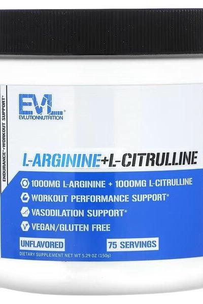EVLution Nutrition L-Arginine + L-Citrulline supplement container, 1000mg L-Arginine and 1000mg L-Citrulline, vegan.