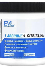 EVLution Nutrition L-Arginine + L-Citrulline supplement container, 1000mg L-Arginine and 1000mg L-Citrulline, vegan.