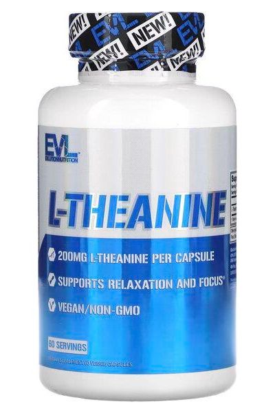 EVLution Nutrition L-Theanine supplement bottle with 200mg per capsule, vegan and non-GMO, 60 servings.