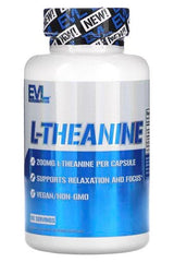 EVLution Nutrition L-Theanine supplement bottle with 200mg per capsule, vegan and non-GMO, 60 servings.