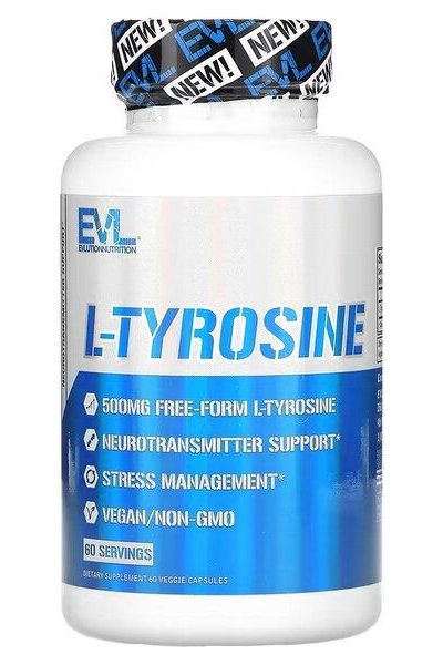 EVLution Nutrition L-Tyrosine supplement bottle, 500mg, vegan, non-GMO, 60 servings for neurotransmitter support.