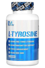 EVLution Nutrition L-Tyrosine supplement bottle, 500mg, vegan, non-GMO, 60 servings for neurotransmitter support.