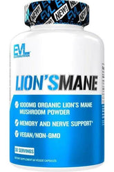 EVLution Nutrition Lion's Mane supplement bottle, 1000mg mushroom powder for memory and nerve support.