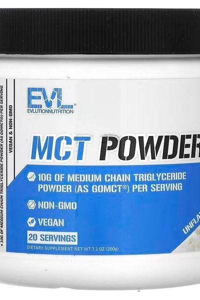 EVLution Nutrition MCT Powder container featuring 10g of medium chain triglycerides, vegan and non-GMO, 20 servings.