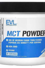 EVLution Nutrition MCT Powder container featuring 10g of medium chain triglycerides, vegan and non-GMO, 20 servings.