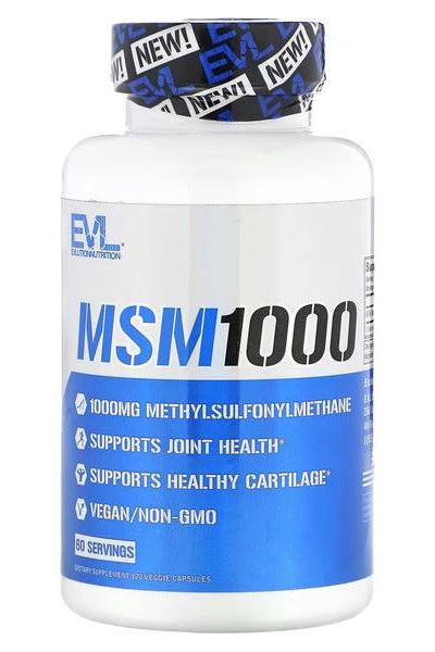 EVLution Nutrition MSM 1000 bottle, 1000MG Methylsulfonylmethane supports joint health and healthy cartilage.