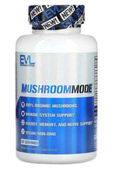 EVLution Nutrition Mushroom Mode supplement bottle with organic mushrooms for immunity and energy support.