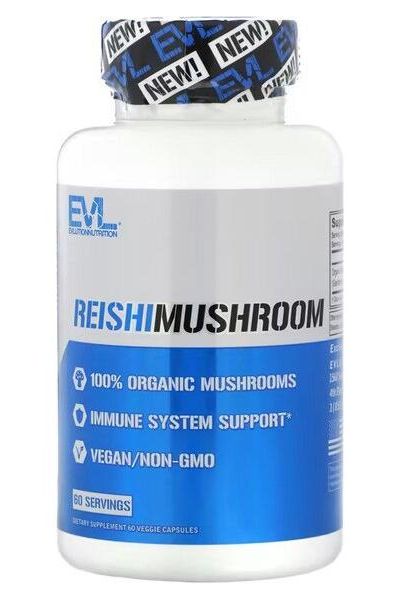 EVLution Nutrition Reishi Mushroom bottle, 100% organic, immune support, vegan-friendly, 60 servings.