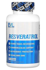 EVLution Nutrition Resveratrol supplement with 250mg trans-resveratrol for cardiovascular support and antioxidant protection.