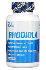 EVLution Nutrition Rhodiola supplement bottle with 500mg extract, supports well-being, vegan and non-GMO.