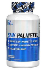 EVLution Nutrition Saw Palmetto 500mg supplement bottle, supports healthy prostate, vegan and non-GMO, 60 servings.