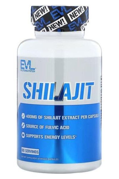 EVLution Nutrition Shilajit supplement bottle with 400mg extract per capsule, supports energy and wellness.