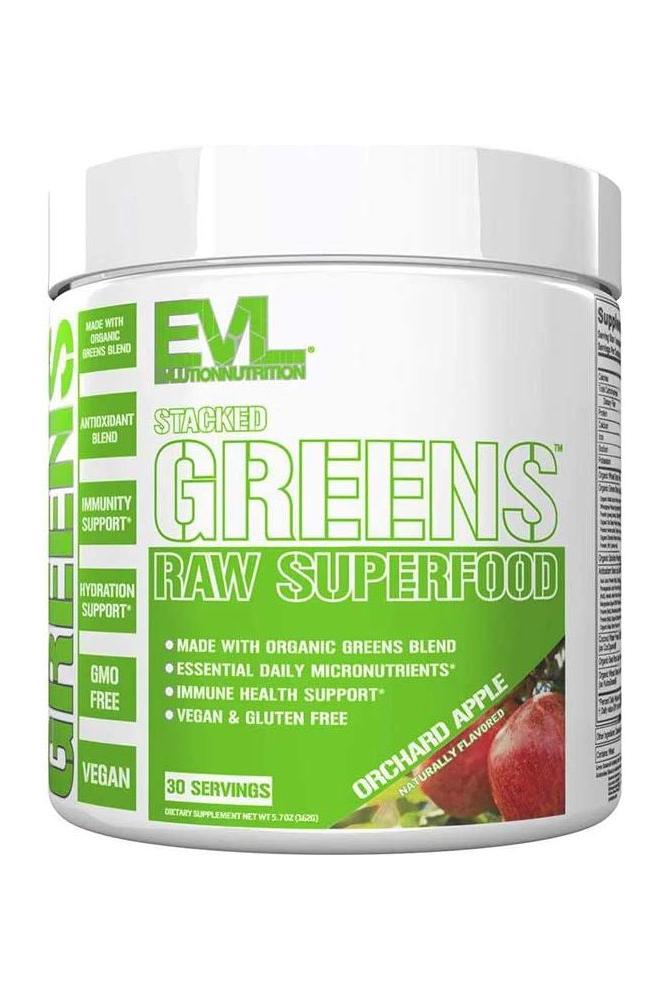 Evlution Nutrition Stacked Greens Orchard Apple supplement canister with 30 servings for immune support and antioxidants.