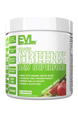 Evlution Nutrition Stacked Greens Orchard Apple supplement canister with 30 servings for immune support and antioxidants.