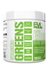 Evlution Nutrition Stacked Greens Orchard Apple supplement container, 30 servings, supports immune health and digestion.