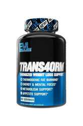 Evlution Nutrition Trans4orm Caps bottle for weight loss support, includes thermogenic fat burning and appetite support.
