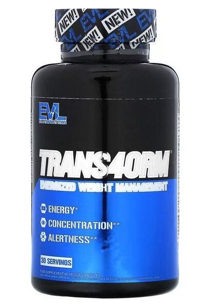 EVLution Nutrition Trans4orm supplement bottle for energy, concentration, alertness, and weight management.