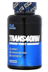 EVLution Nutrition Trans4orm supplement bottle for energy, concentration, alertness, and weight management.