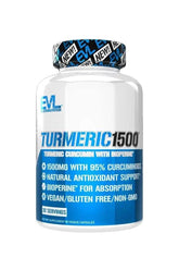 Evlution Nutrition Turmeric 1500 supplement bottle with 90 veggie capsules, 1500mg curcumin, gluten-free, vegan formula.
