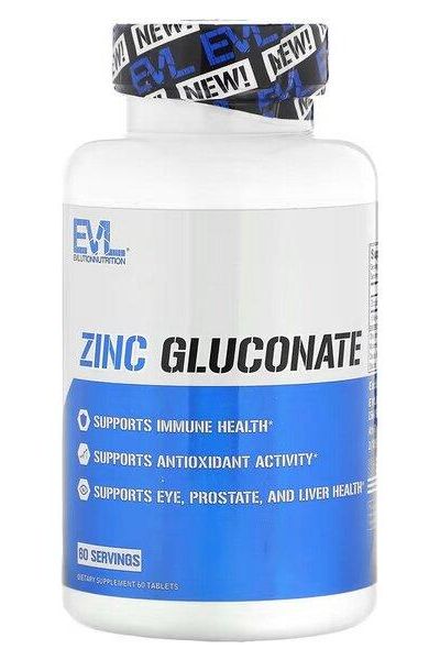 EVLution Nutrition Zinc Gluconate supplement bottle supporting immune health and antioxidant activity