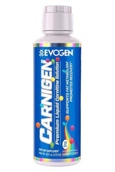 Evogen Carnigen Liquid 473ml, dietary supplement supporting fat metabolism and recovery, Rainbow Candy flavor.