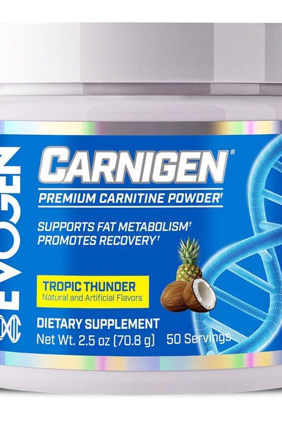 Evogen Carnigen Powder in Tropic Thunder flavor, a dietary supplement for fat metabolism and recovery support.