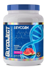 Evogen GlycoJect supplement container featuring watermelon flavor, designed for muscle fullness and performance enhancement.
