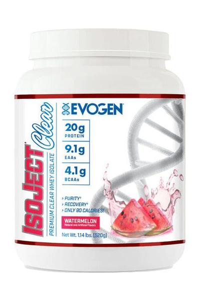 Evogen IsoJect Clear watermelon flavor protein powder, low calories, high purity whey isolate.