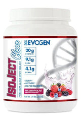 Evogen IsoJect Clear protein powder container with wildberry blast flavor, 20g protein, low calorie, and advanced technology benefits.