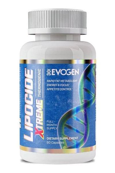 Evogen Lipocide Xtreme dietary supplement bottle for rapid fat metabolism and appetite control, 60 capsules.