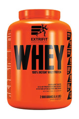 Extrifit 100% Instant Whey Protein in an orange container, featuring 23g protein per scoop and excellent taste.
