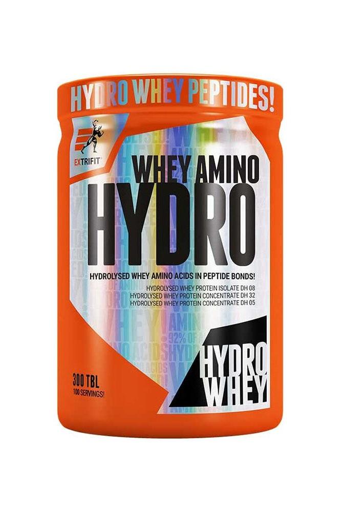 Extrifit Amino Hydro 4000 supplement bottle featuring hydrolyzed whey peptides, 300 tablets, vibrant orange design.