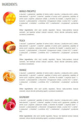Ingredients list for Aminofree Peptides in flavors: Mango-Pineapple, Peach, Orange, Raspberry, highlighting amino acids and peptides.