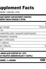 Supplement facts for Extrifit Arginine 1000 mg, detailing nutrient content and amino acid levels.