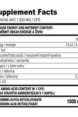 Supplement facts panel for Extrifit Arginine AKG 1000 mg showing nutrition details per capsule.