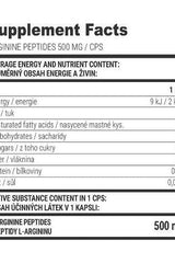 Supplement facts label for Extrifit Arginine Peptides 500 mg, detailing nutrient content and servings.