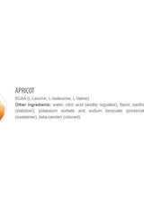 Ingredients list for Extrifit BCAA liquid in apricot flavor, featuring essential amino acids and additives.