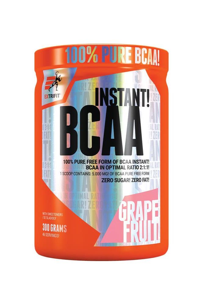 Extrifit Instant BCAA powder in grapefruit flavor, 300 grams, showcasing 100% pure BCAAs with zero sugar and zero fat.